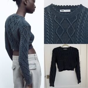 Zara Women's Dark Blue Textured Knit Sweater